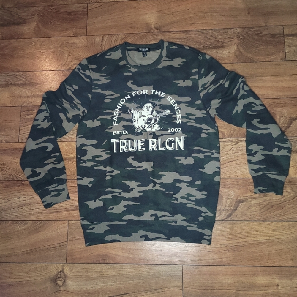 True Religion camouflage crew neck mens sweatshirt with buddha
